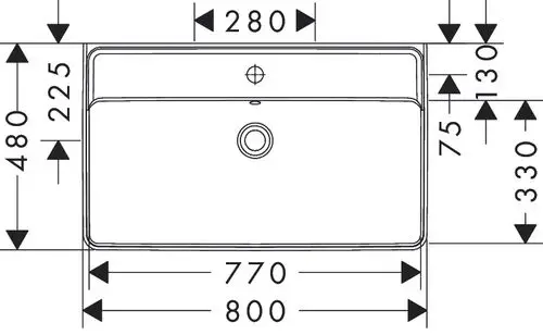 Waschtisch mit rechteckiger Form, Hahnloch und Überlauf, präsentiert von Hansgrohe. Abmessungen und Details sind schematisch dargestellt.